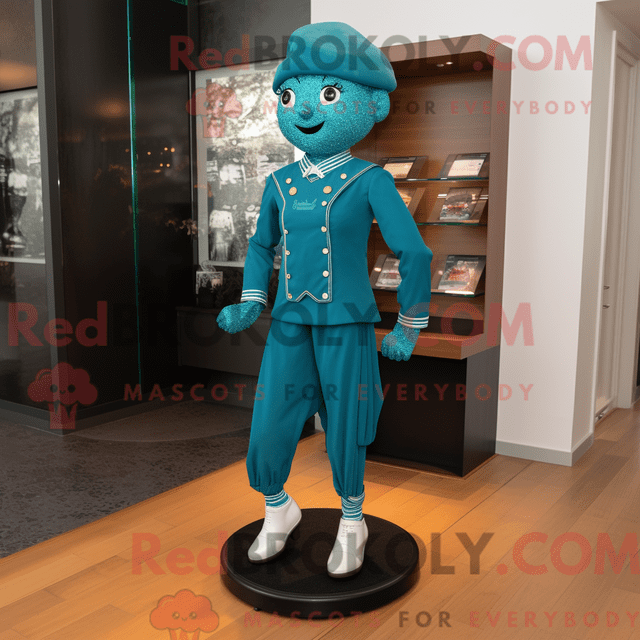 REDBROKOLY mascot character of a Teal Irish Dancing Shoes dressed with a Culottes and Lapel pins