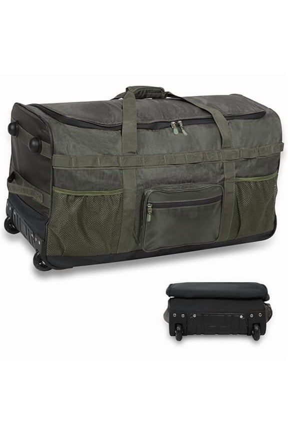 100L Foldable Rolling Duffle Bag with Wheels, Extra Large Travel Luggage Collapsible Duffel Bag, Military Green