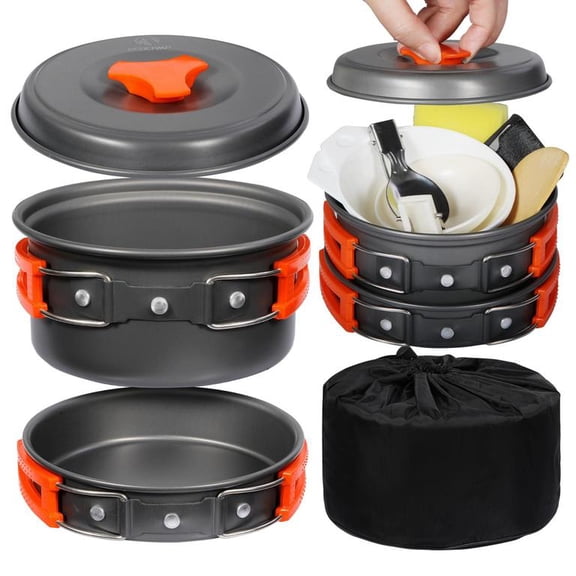 REDCAMP 11 PCS Camping Cookware Mess Kit, 800ml (28oz) Backpacking Camping Pot+Pan Set, Lightweight and Compact Cookware for Hiking, Picnic and Camping, Red
