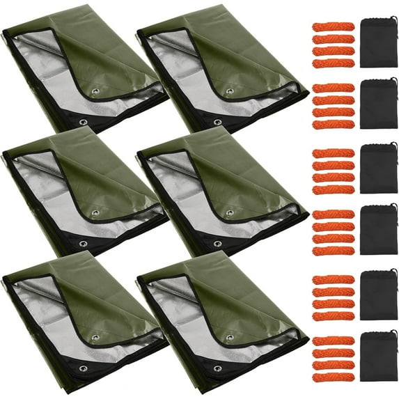 REDCAMP Outdoor Emergency Thermal Tarp, 6 Pack All-Weather Insulated Survival Blanket Reflective Tarp for Car or Camping Hiking Shelter, Green