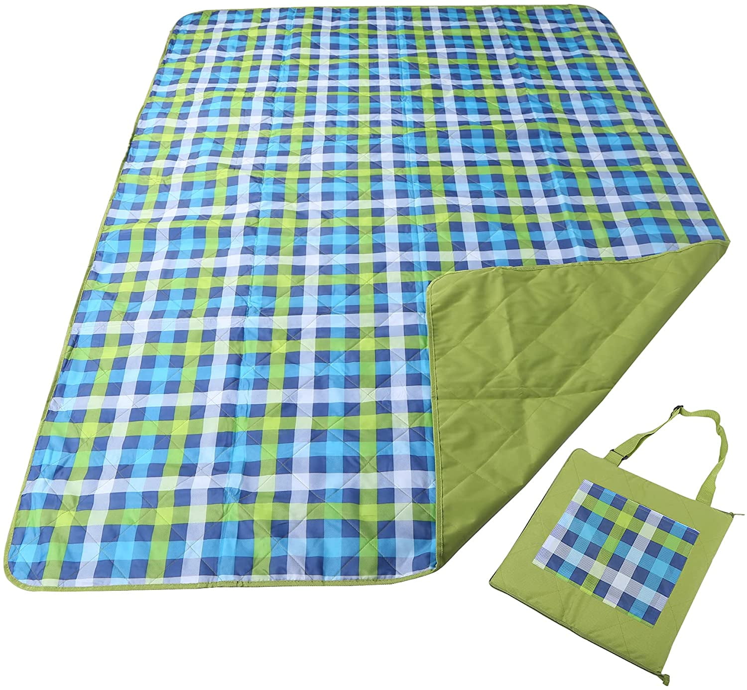 REDCAMP Outdoor Waterproof Picnic Blanket,Foldable Picnic Mat Green and Blue Plaid / 79x59