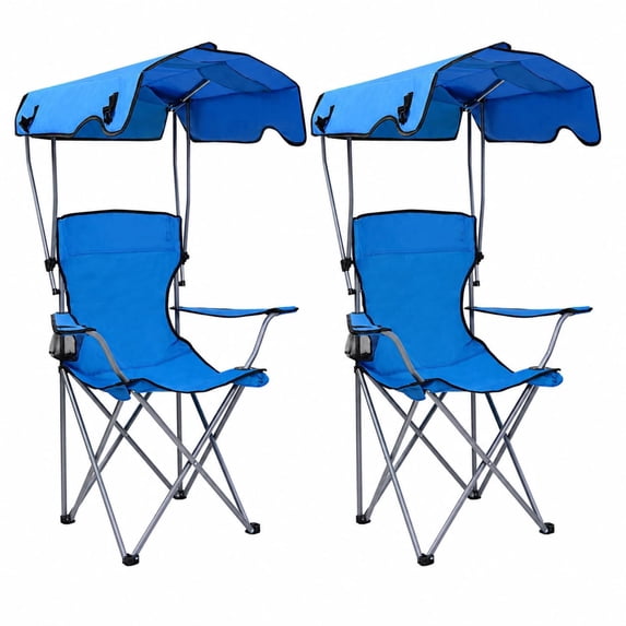 REDCAMP 2 Pack Portable Camping Chair with Canopy Heavy Duty Outdoor Folding Chair with Shade 600D Oxford for Beach Fishing Lawn Picnic Blue