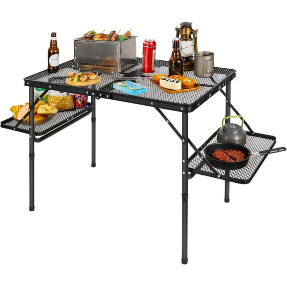 REDCAMP Folding Grill Table for Outside with 2 Side Tables, Lightweight Portable Metal Aluminum Outdoor Grill Table with Adjustable Height Legs, for Camping Picnic Cooking BBQ