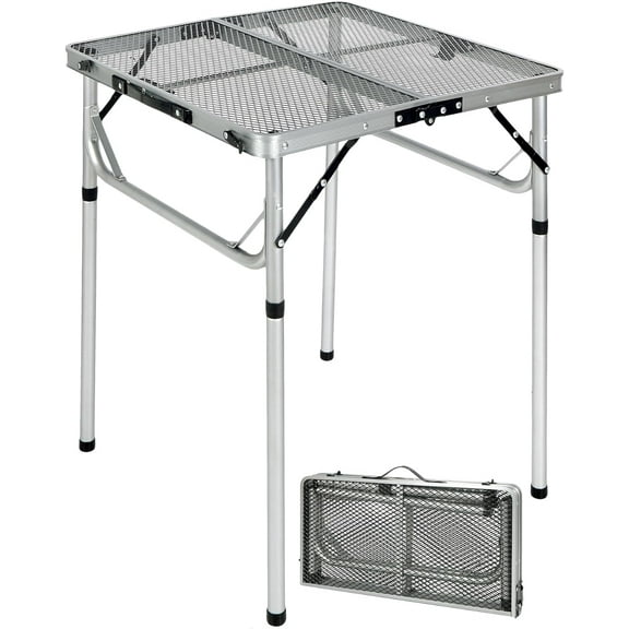 REDCAMP 24" Square Folding Grill Table for Outside, Lightweight Portable Metal Aluminum Outdoor Grill Table with Adjustable Height Legs, Great for Camping Picnic Cooking BBQ, Silver 2ft