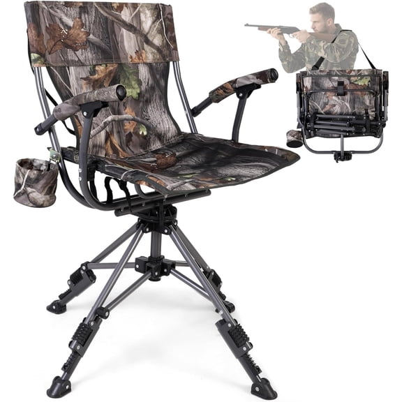 REDCAMP 360° Swivel Hunting Chair with Adjustable Feet for Ground Blinds,Portable Folding Camo Camping Chair with Hard Arms for Adults Hunting Fishing
