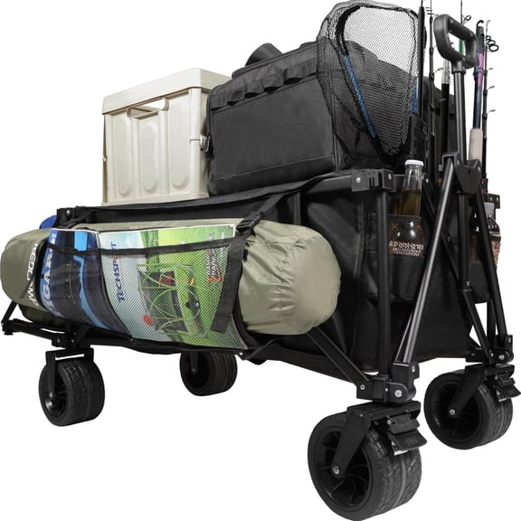 REDCAMP 49" L Extended Beach Fishing Cart Collapsible Wagon w/All-Terrain Wheels for Sand, 330LBS Heavy Duty Extra Large Folding Utility Garden Cart for Grocery, Sport, Fishing