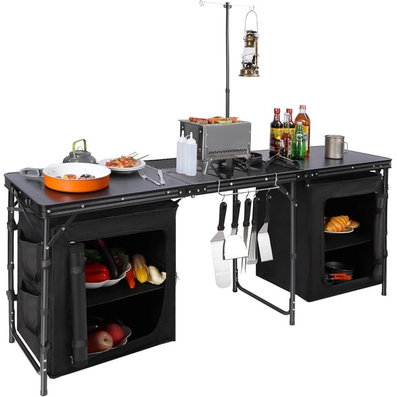 REDCAMP 6 ft Portable Camping Kitchen Table, Tri-fold Camping Grill Table Cook Station with Storage Organizer and Telescoping Light Stand for BBQ, Party and Picnic