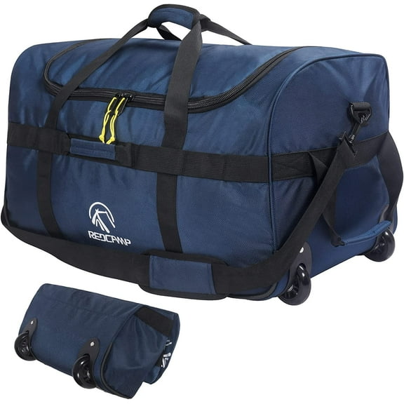 REDCAMP 85L Foldable Duffle Bag with Wheels 26", 1680D Oxford Collapsible Large Duffel Bag with Rollers for Camping Travel Gear, Navy