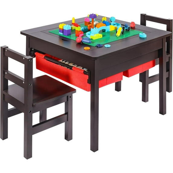 REDCAMP Activity Table and 2 Chairs with Storage, 2 in 1 Building Block Tabletop for Arts, Crafts, Reading, Preschool, Espresso