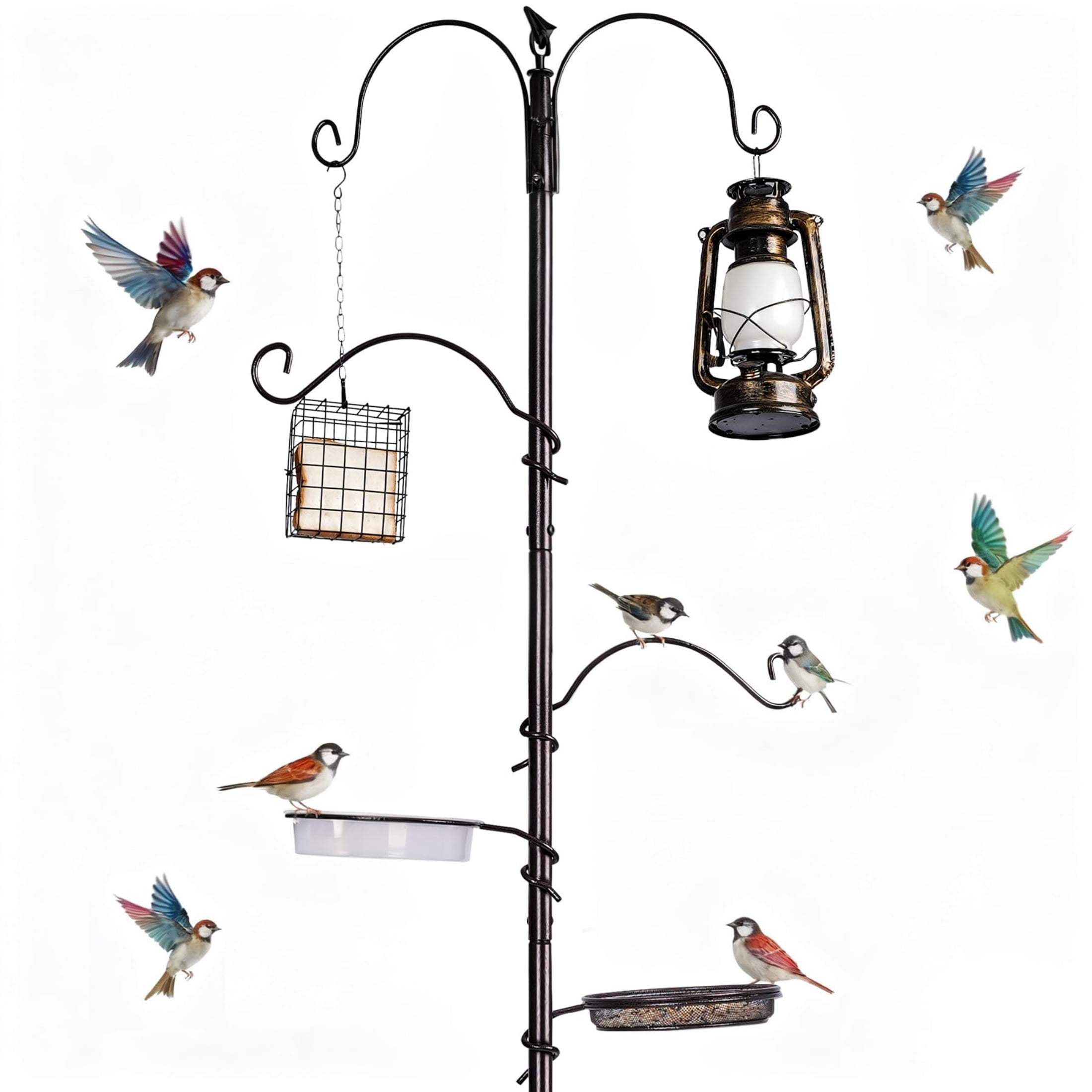 REDCAMP Bird Feeding Station Kit, 75" Wild Bird Feeder Pole with 4 Hanging Hooks, Adjustable Tray & Water Dish, Rust-Resistant Outdoor Garden Feeder Stand