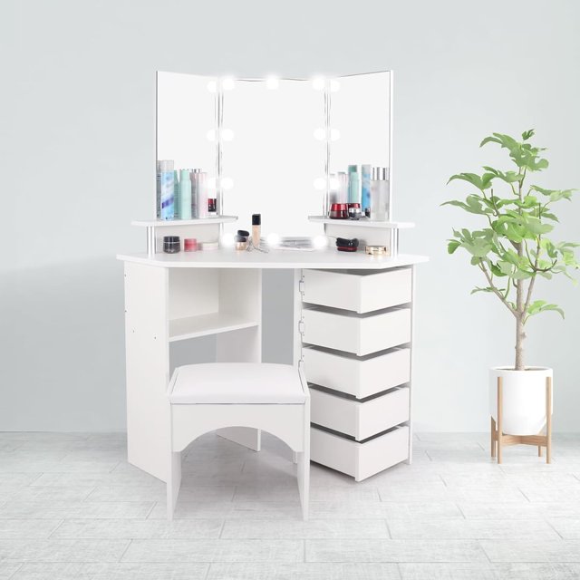 REDCAMP Corner Vanity Desk with Lighted Mirror, Makeup Vanity with 5
