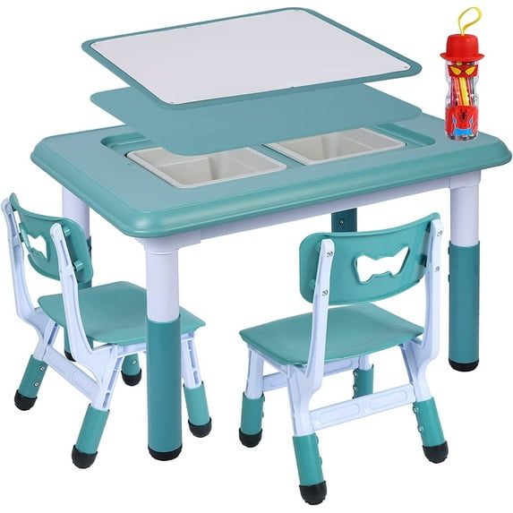 REDCAMP Double-Sided Kids Activity Table, Multi Drawing Table and Chair Set with 2 Chairs for Toddlers, Plastic Height Adjustable Play Table with Storage Bins, Blue
