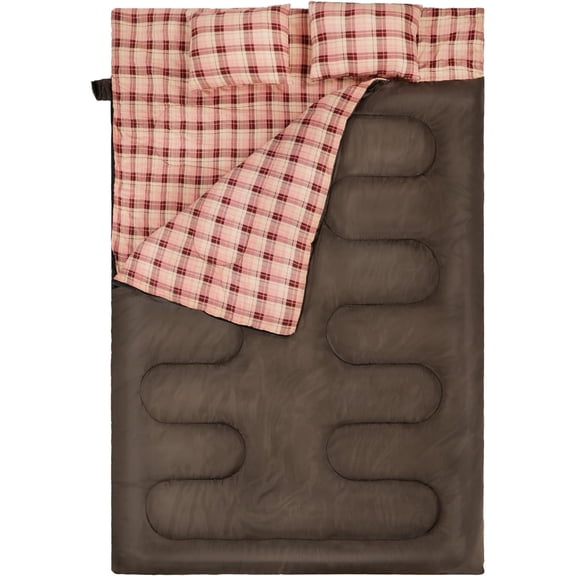 REDCAMP Double Sleeping Bag for Adults with Pillows , XXL Queen Size Two Person Flannel Sleeping Bag for All Season Couples Family Camping Hiking Backpacking