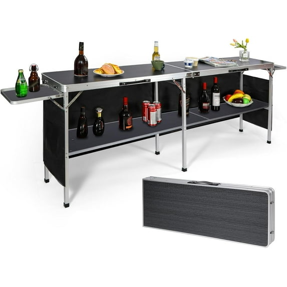 REDCAMP Extra Long Portable Bar Table with Bar Skirts and Storage Shelf, Pop-Up Bar Table with Side Rack for Party, Patio, Black