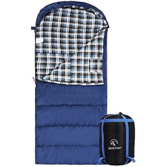 REDCAMP Flannel Sleeping Bag for Adults, Comfortable Cotton Sleeping Bags for Camping with Detachable Hood,Blue