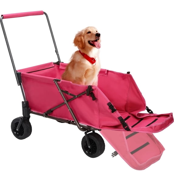 REDCAMP Folding Dog Wagon Cart Heavy Duty, 220L Large Collapsible Utility Cart with Extendable Rear End & Tailgate, Pet Dog Stroller for Sports Shopping Outdoor, Pink
