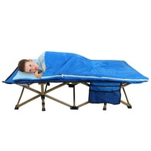 REDCAMP Folding Kids Cot with Removable Sleeping Bag, Portable Toddler Cot Bed for Sleeping, Blue
