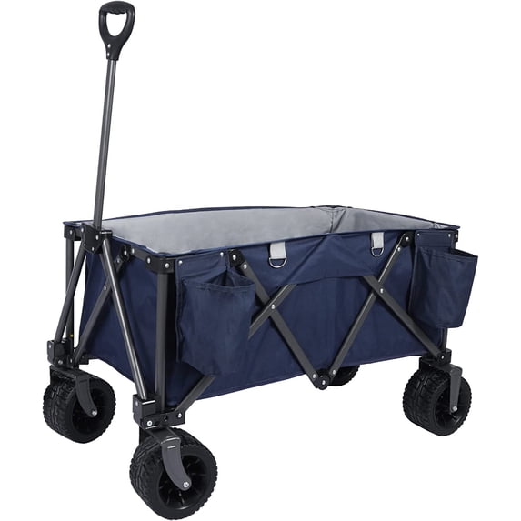 REDCAMP Folding Wagon Cart with Extra Wide Wheels, Heavy Duty Collapsible Utility Beach Wagon for Sand, Blue