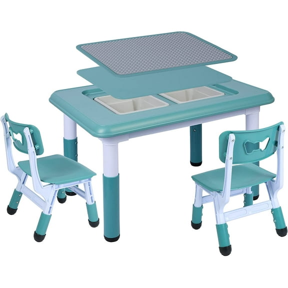 REDCAMP Kids Multi Activity Table, Height Adjustable Table and Chair Set,3 in 1 Multi Activity Building Block Table with 2 Chairs, Storage Bins, Blue
