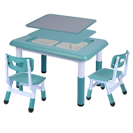 REDCAMP Kids Multi Activity Table, Height Adjustable Table and Chair Set,3 in 1 Multi Activity Building Block Table with 2 Chairs, Storage Bins, Blue