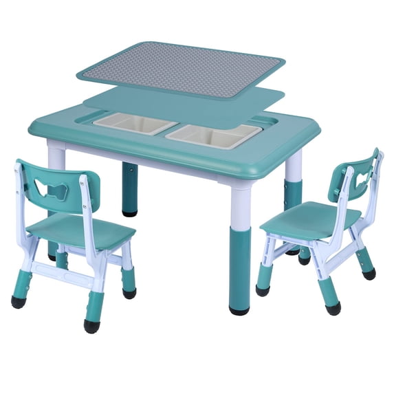 REDCAMP Kids Multi Activity Table, Height Adjustable Table and Chair Set,3 in 1 Multi Activity Building Block Table with 2 Chairs, Storage Bins, Blue