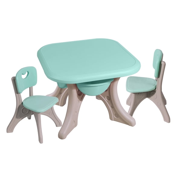 REDCAMP Kids Table and 2 Chairs Set with Center Storage Box, Graffiti Desktop, Classroom/Daycare/Home,Children Multi-Activity Table for Ages 2-9,Green