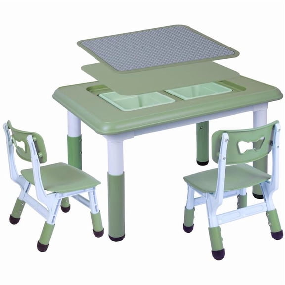 REDCAMP Kids Table and 2 Chairs Set, Adjustable Height Toddler Table, 3-in-1 Activity Table for Drawing, Building, Reading, Green, Age 2-10
