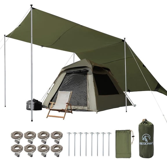 REDCAMP Large 10x17ft Waterproof Camping Tarp with 4 Adjustable Poles, Portable Hammock Rain Fly, 8 Guy Lines & Stakes, Backpacking Tent Shelter for Camping, Hiking, Beach (Green)
