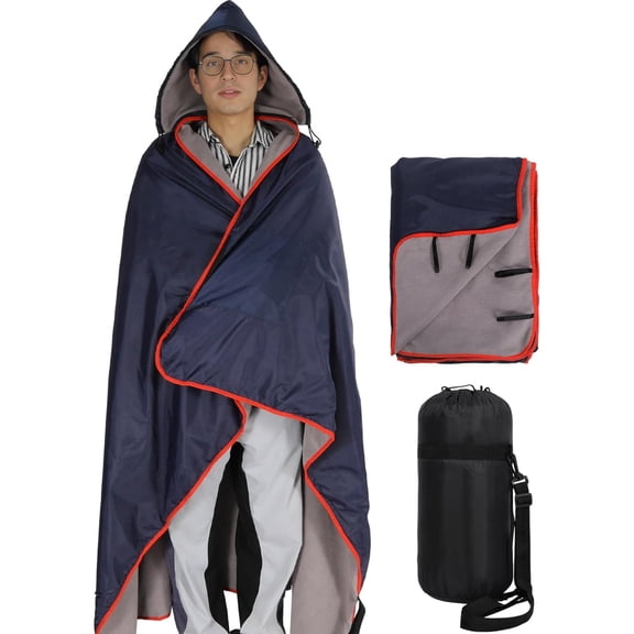 REDCAMP Large Waterproof Stadium Blanket with Hood for Cold Weather, Soft Warm Fleece Camping Blanket Windproof for Outdoor Sports, Dark Blue/Grey