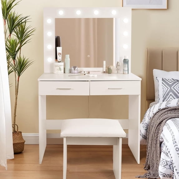 REDCAMP Lighted Makeup Vanity with 12 Light Bulbs, Vanity Set with Mirror and 2 Drawers, Vanity Table with Cushioned Stool, White