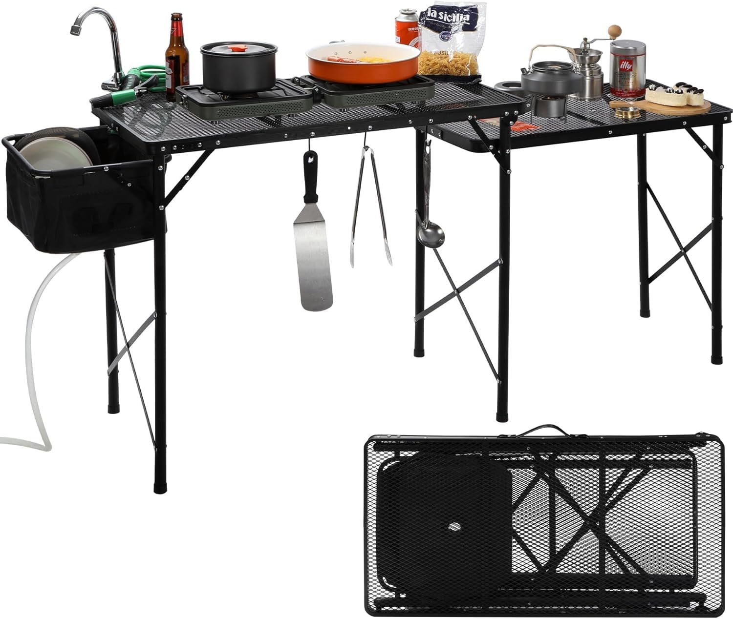 REDCAMP Lightweight Portable Camping Kitchen Table with Sink, Metal Folding Grill Table Cooking ...