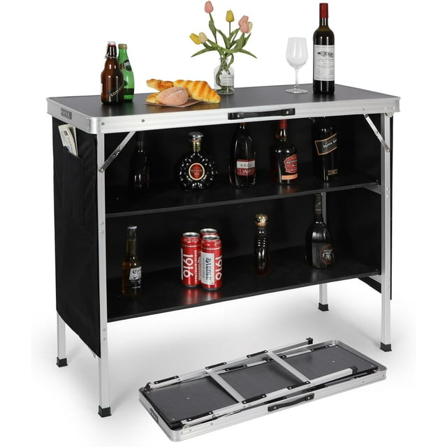 REDCAMP Portable Bar Table with 2Tier Storage Shelf, PopUp Mobile