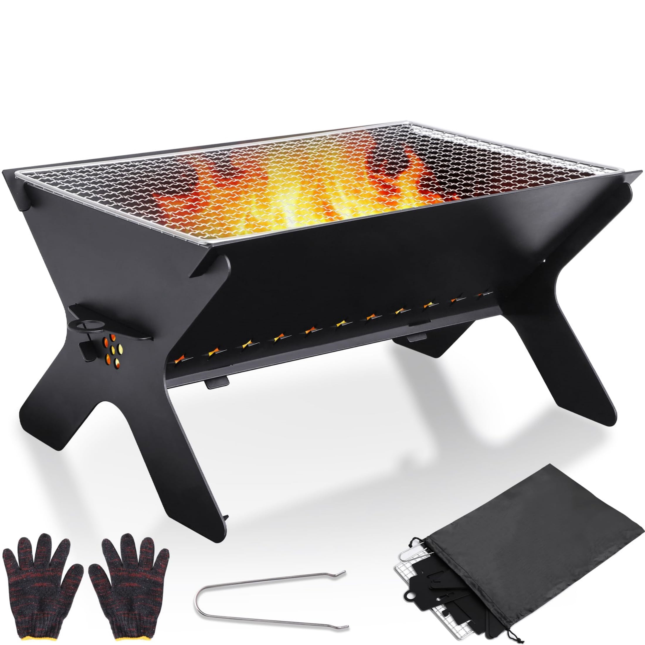 REDCAMP Portable Charcoal Grill, Large Folding Stainless Steel Fire Pit Grill with Carry Bag, Heavy Duty Campfire Grill for Outdoor Camping BBQ Cooking, Black