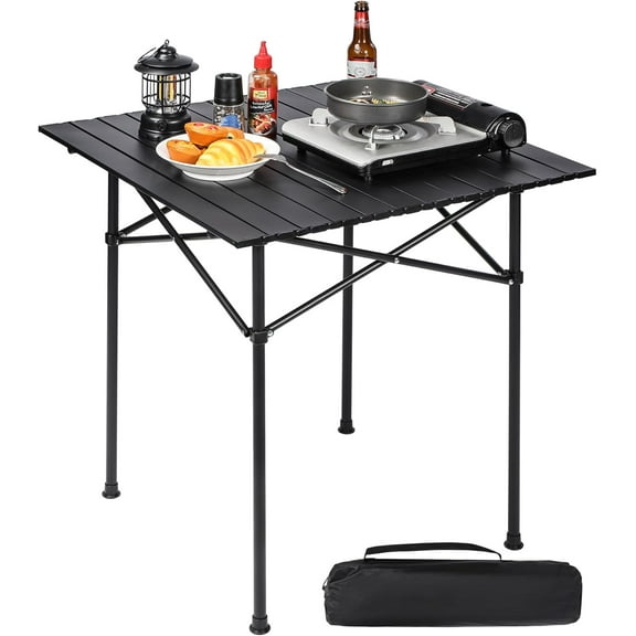 REDCAMP Roll Up Camping Tables That Fold Up, Lightweight Portable Compact Metal Camp Table for Grill Outdoor Picnic, Black Square 28x28 inches