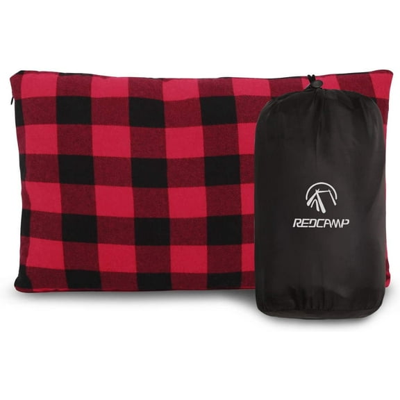 REDCAMP Small Camping Pillow Lightweight and Compressible, 1PC Flannel Travel Pillow with Removable Pillow Cover (Red and Black Plaid)