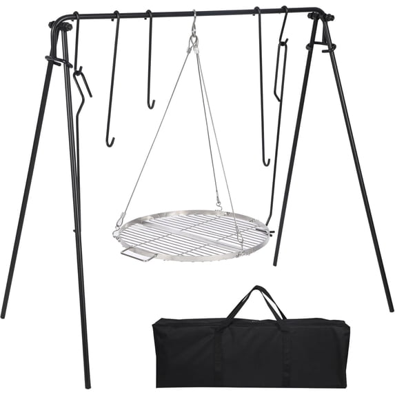 REDCAMP Swing Campfire Grill Stand, Collapsible Campfire Cooking Rack with 6 Hooks and Stainless Steel Grill Grate, Portable Dutch Oven Hanger for Bonfire and Outdoor Camping, Round