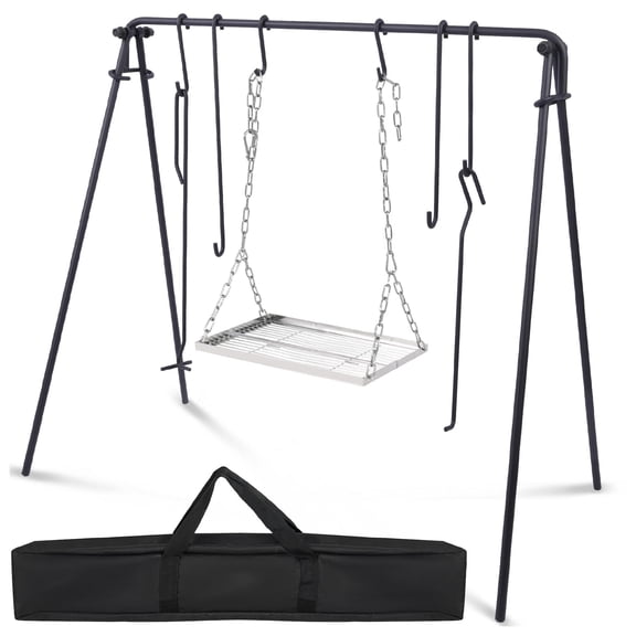 REDCAMP Swing Campfire Grill Stand – Collapsible Campfire Cooking Rack with 6 Hooks & Stainless Steel Grill Grate, Portable Dutch Oven Hanger for Outdoor Camping, Cookware, Bonfire