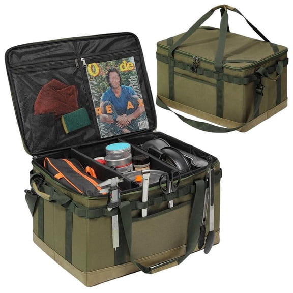 REDCAMP Tactical Camping Storage Bag, 57L Tactical Utility Camping Tote Organizer,Waterproof Camping Storage Organizer Duffel Bag with 2 Adjustable Dividers&Shoulder Strap for Outdoor Transport,Green