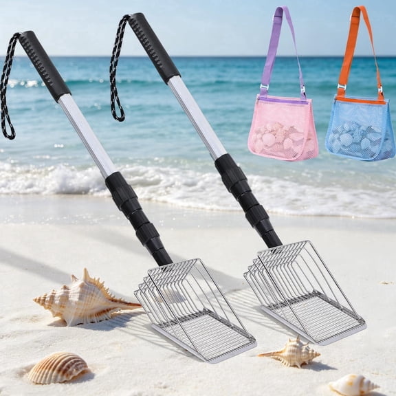 REDCAMP Telescoping Sand Sifter Shovel, Beach Shelling Dipper with 2 Collection Bags, Adjustable Stainless Steel Long Handle Sand Sieve Tool for Digging Seashells & Shark Teeth, 2Pack