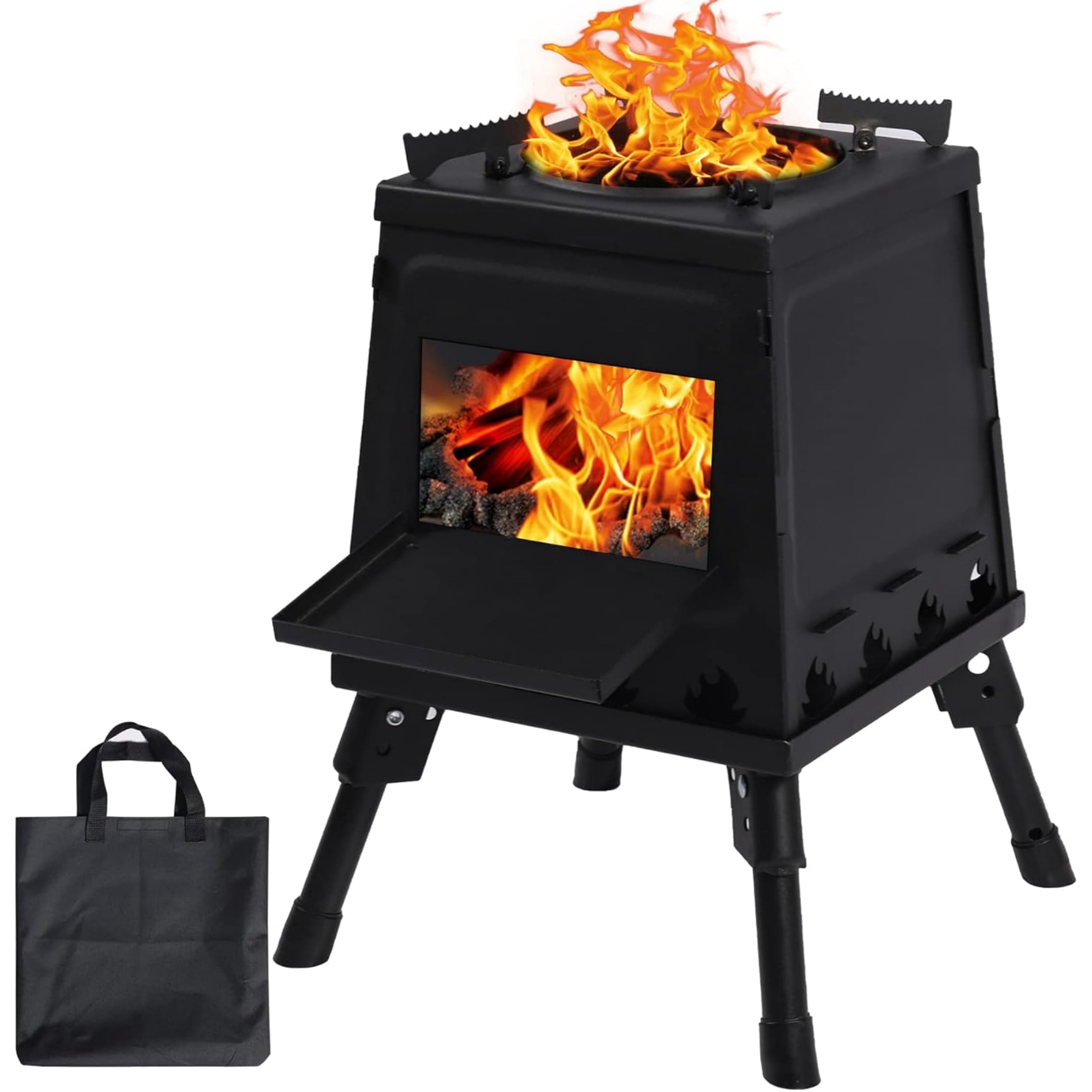 REDCAMP Wood Burning Camp Stove, Portable Cast Iron Camping Wood Stove, Black Woodstove with Carrying Case for Backpacking Outdoor Cooking