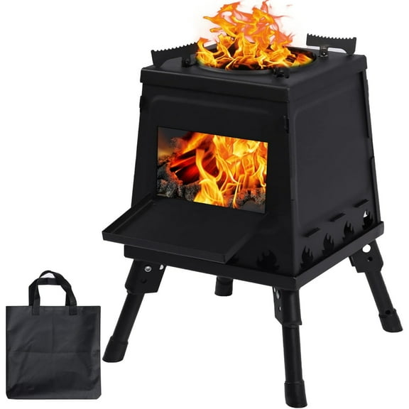 REDCAMP Wood Burning Camp Stove, Portable Cast Iron Camping Wood Stove, Black Woodstove with Carrying Case for Backpacking Outdoor Cooking