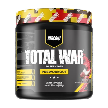 REDCON1 Total War Pre Workout, Tiger's Blood - L Citrulline, Malic Acid, Green Tea Leaf Extract for Pump Boosting Pre Workout for Women & Men - 3.2g Beta Alanine to Reduce Exhaustion (30 Servings)
