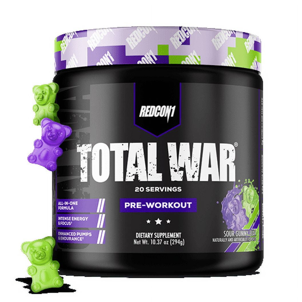 REDCON1 Total War Pre Workout Powder, Sour Gummy Bear, Beta Alanine, Citrulline Malate, 20 Servings