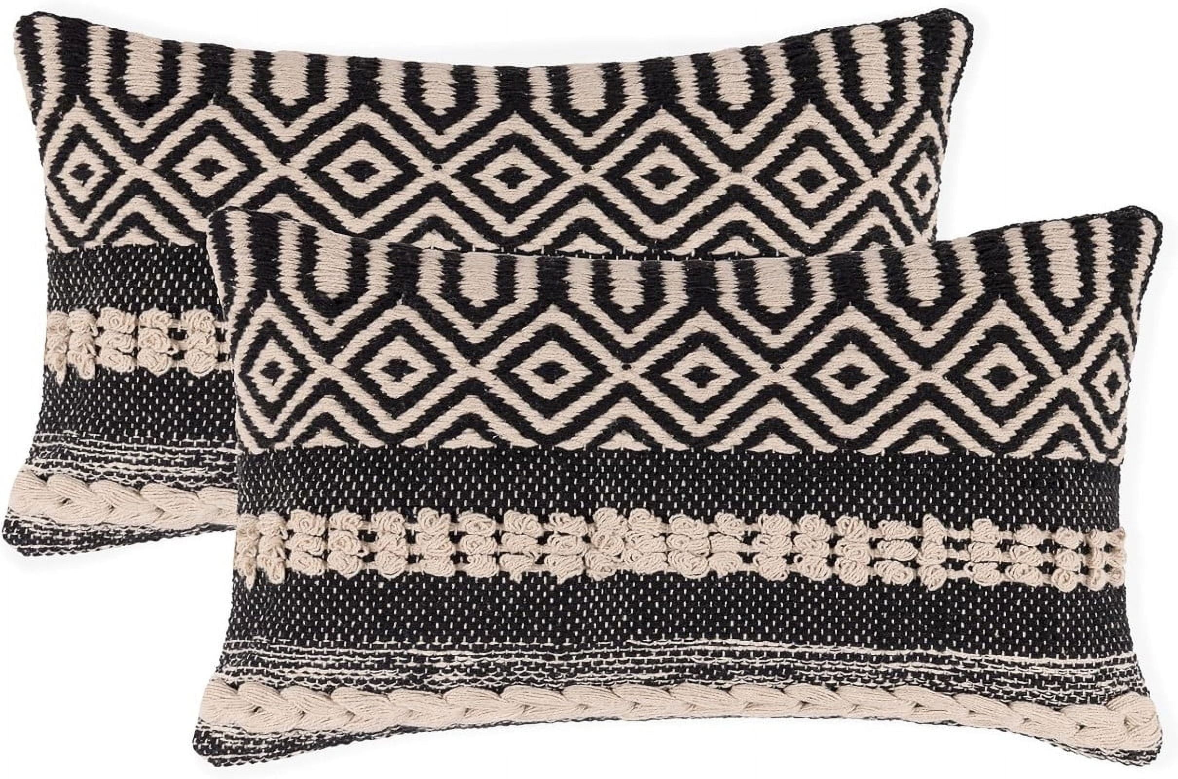 REDEARTH Boho Textured Throw Pillow Cushion Covers - Lumbar Woven Tufted Decorative Farmhouse Cases Set for Couch, Sofa, Chair, Dining, Outdoor - 100% Cotton (12"x20", Char Delineate Black) Pack of 2