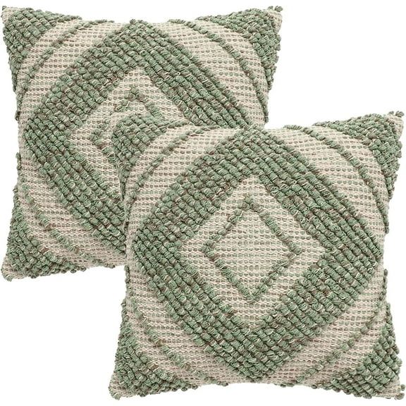 · REDEARTH · Boho Textured Throw Pillow Cushion Covers - Woven Tufted Decorative Farmhouse Cases Fall Set for Couch - Sofa - Bed - Dining - Patio - 100% Cotton (18"x18" - Solitaire Lozenge) Pack of 2