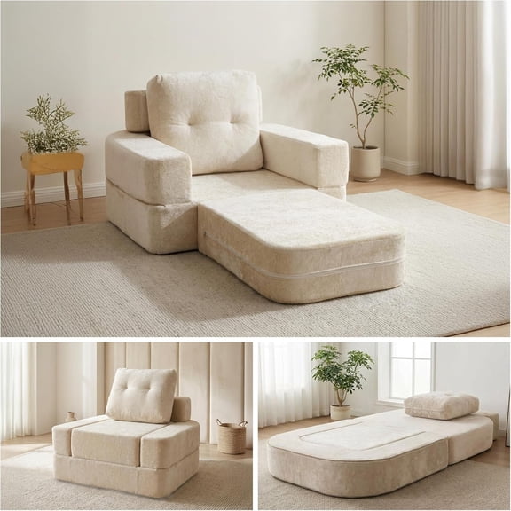 · REDEARTH · Boneless Sofa Bed, Folding 3-in-1 Convertible Couch with Chaise & Sleeper Function, No Assembly Floor Seating, High-Density Foam, Plush Velvet Upholstery, Cream