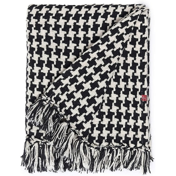REDEARTH Classic Throw Blanket -Houndstooth Medium Weight Soft Lap Blanket for Sofa Bed Couch Chairs loveseats car, Living, Indoor/Outdoor use 100% Cotton 50x60; Ivory Navy