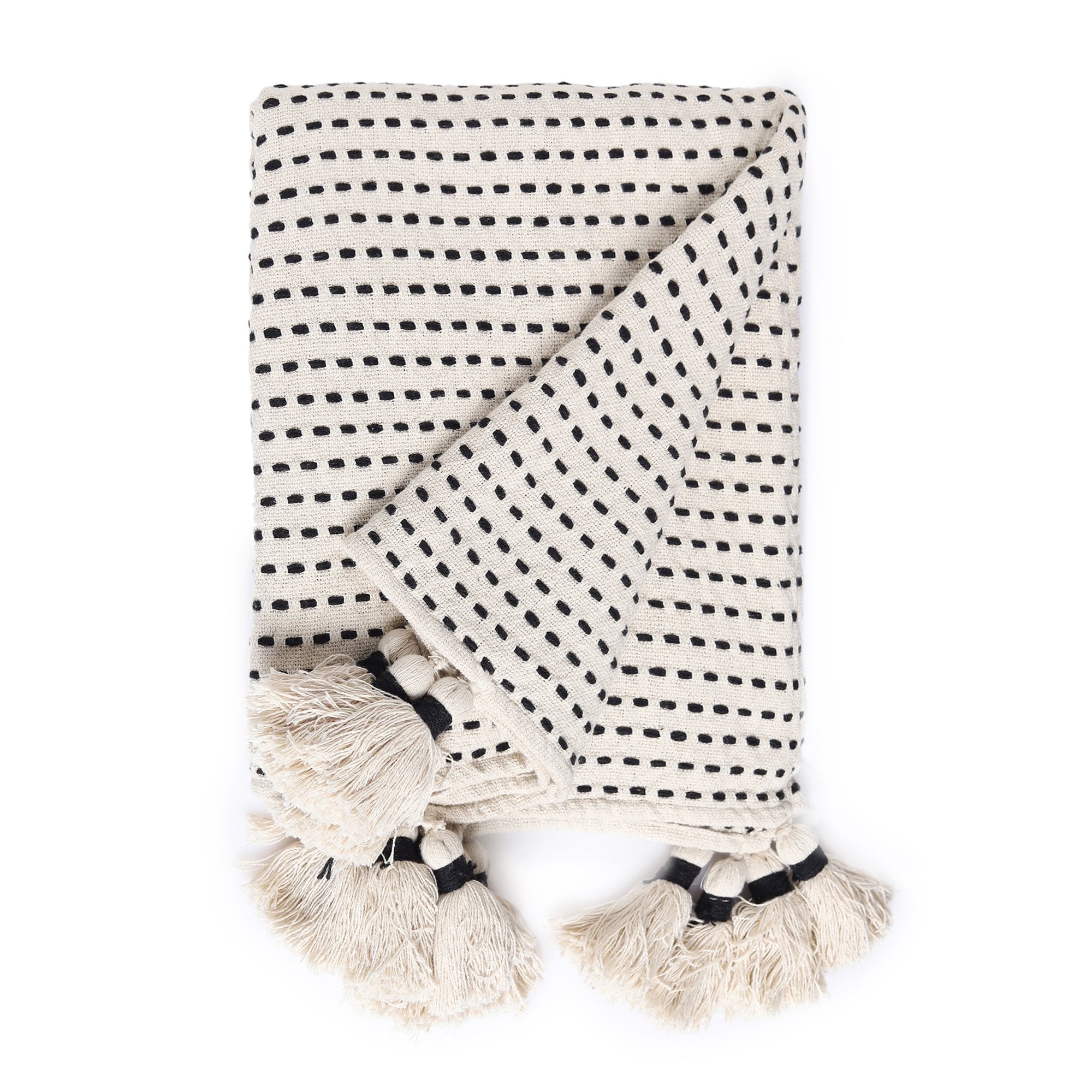 Tick & Dash Black Cotton Throw Blanket with Tassels