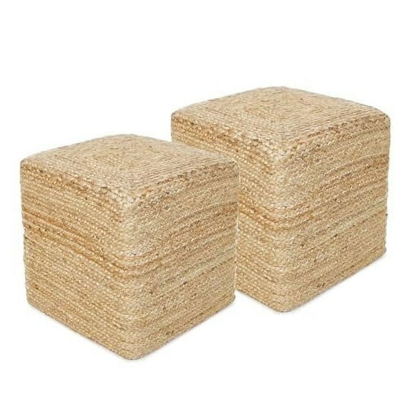 · REDEARTH · Cube Pouf Foot Stool Ottoman - Jute Braided Pouffe Poof Accent Sitting - Set of 2 Footrest for The Living Room, Bedroom, Nursery, Patio, Lounge, Office - 14.5”x14.5”x16” - Natural