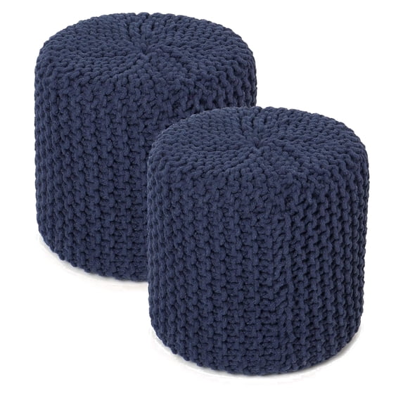 · REDEARTH · Cylindrical Hand Knitted Pouf - Foot Stool Ottoman - Cord Boho Pouffe - Cotton Round for Home Decor - Living Room - Nursery - Bedroom - Lounge (16"x16"x16") - Navy Blue, Set of 2